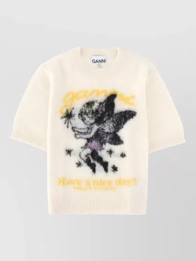 Ganni Graphic Short-sleeve Knitted Sweater In White