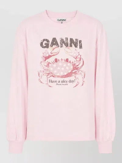 Ganni Crew Neck Graphic Print Long Sleeve Top In Pink