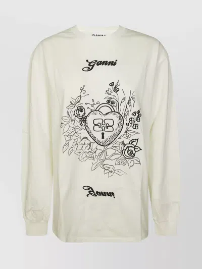 GANNI CREW NECK GRAPHIC PRINT LONG SLEEVES TOP