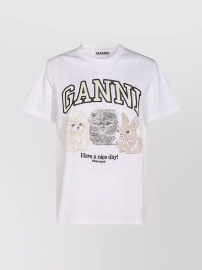 Ganni Women White Crewneck T-shirt With Maxi Logo On The Front In Cotton Woman In Multi