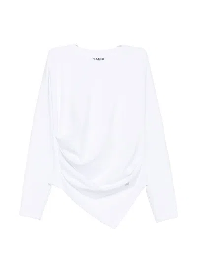 Ganni Sheer Long Sleeve Wrap Hem Top In White