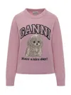 Ganni Wool Sweater With Poodle In Pink