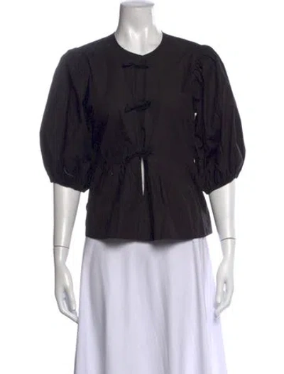 Pre-owned Ganni Crew Neck Three-quarter Sleeve Blouse In Black