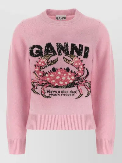 Ganni Crew Neck Top Graphic Print Ribbed Edges In Pink