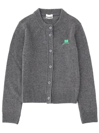 Ganni Crewneck Buttoned Cardigan In Gray
