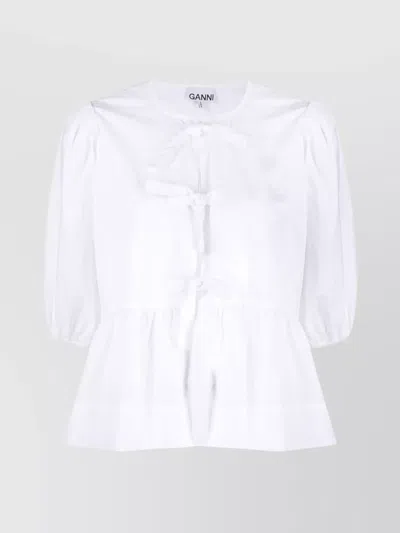 Ganni Crewneck Cotton Peplum Top Flounces In White