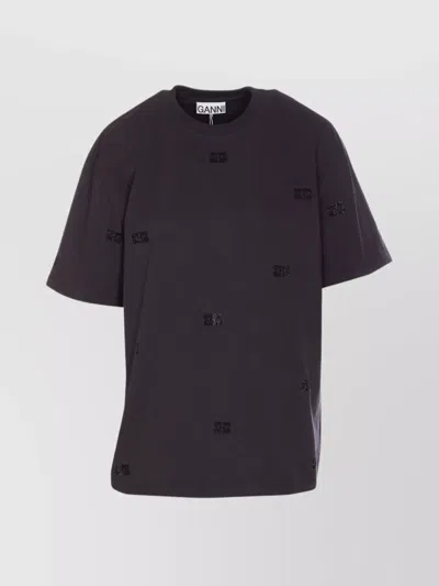 GANNI CREWNECK EMBROIDERED PHANTOM HEAVY SHORT SLEEVES TOP