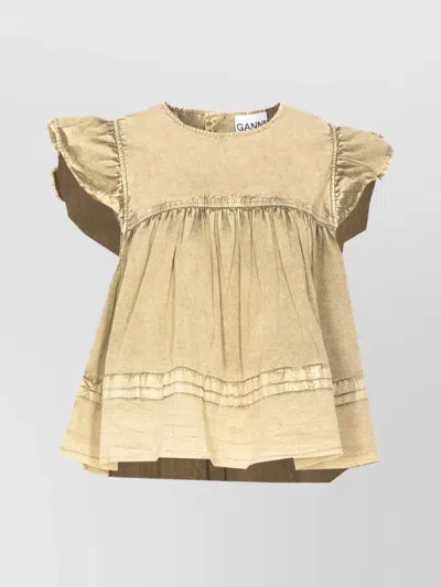 Ganni Crewneck Gathered Detail Ruffled Sleeveless Top In Neutral