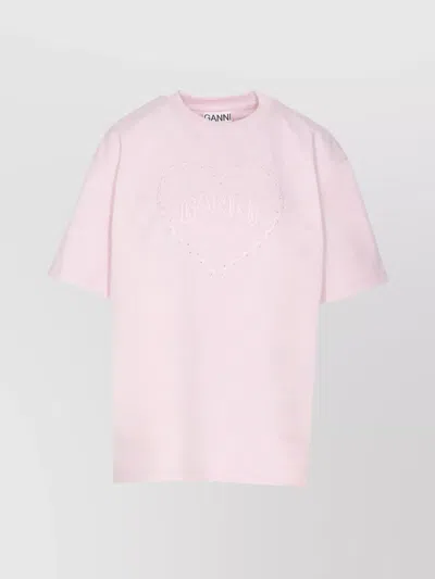 Ganni Crewneck Heart Motif Strass Embellished T-shirt In Pink