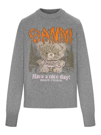 Ganni Crewneck Knit Sweater In Animal Print