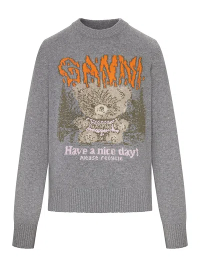Ganni Crewneck Knit Sweater With Front Graphic Intarsia In Nude & Neutrals