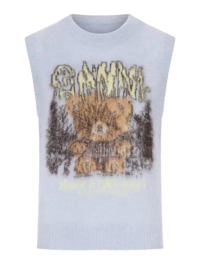 Ganni Crewneck Knitted Vest With Front Graphic Intarsia In Nude & Neutrals