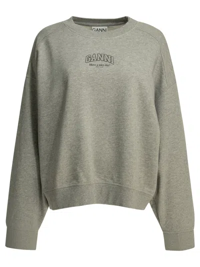 Ganni Crewneck Sweatshirt With Logo Sweatshirts Grey In Gray