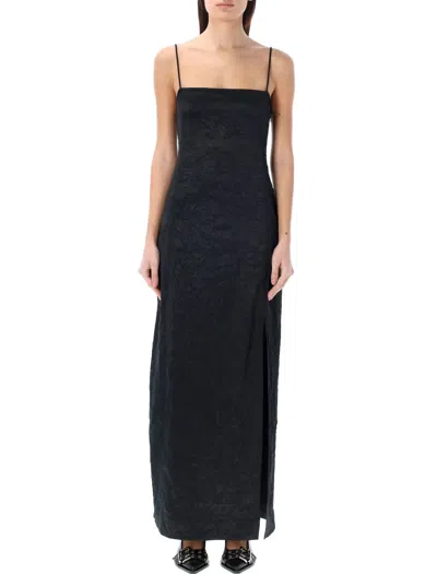 Ganni Black Crinkled Satin Midi Slip Dress