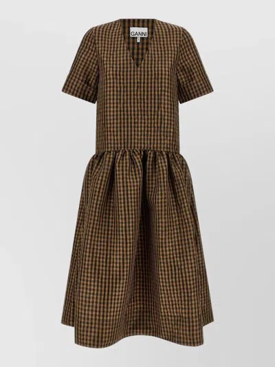 Ganni Crinckled Taffeta Checkered Dress Gathered Waist In Brown