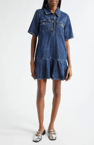 Ganni Crinkle Future Organic Cotton Blend Denim Minidress In Blue