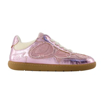 Ganni Crinkle Metallic Sneakers In Pink