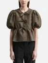 Ganni Crinkled Check Blouse In Green