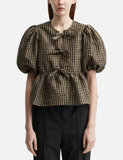 Ganni Crinkled Check Blouse In Green