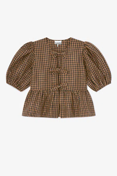 Ganni Crinkled Taffeta Check Peplum Blouse Tobacco Brown
