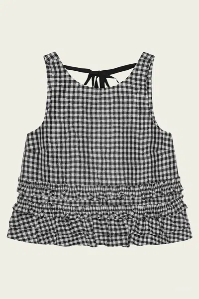 GANNI CRINKLED CHECK FRILL TOP IN BLACK