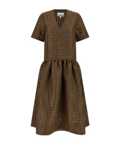 Ganni Crinckled Taffeta Checkered Dress Gathered Waist In Brown