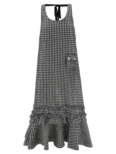 Ganni Crinkled Check Long Dresses Black In Gray