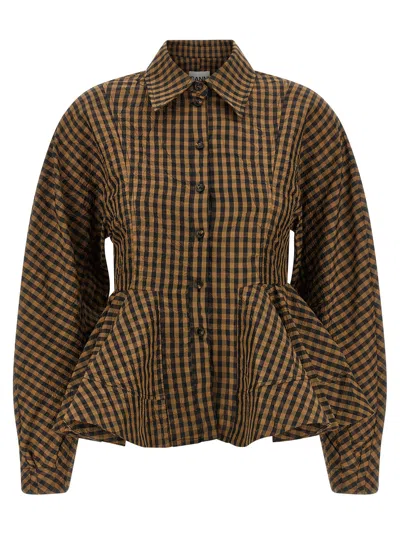 Ganni Crinkled Check Taffeta Blouse In Camel