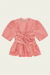 Ganni Bow-detailed Gingham Crinkled-taffeta Peplum Blouse