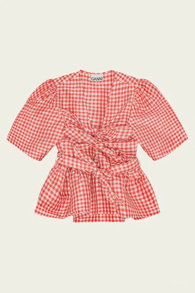 Ganni Crinkled Check Taffeta Blouse In Red Alert