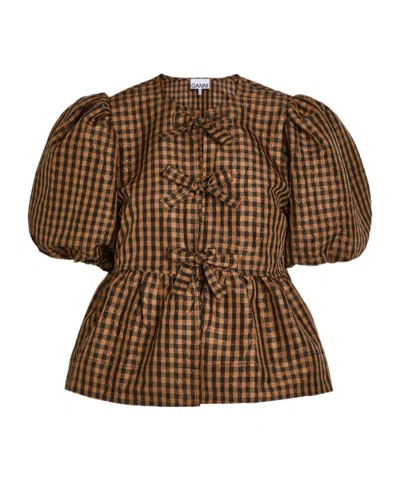 Ganni Crinkled Checked Taffeta Blouse In Brown