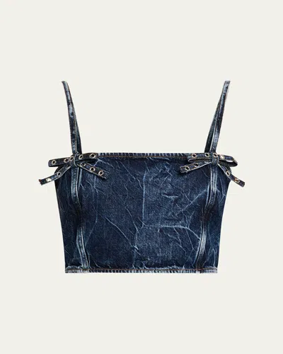 GANNI CRINKLED DENIM BOW STRAP TOP