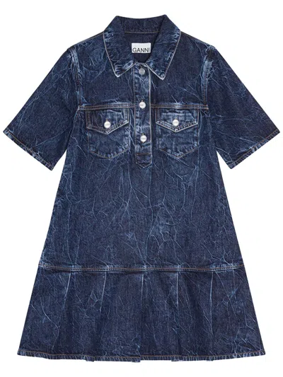 GANNI CRINKLED DENIM MINI DRESS