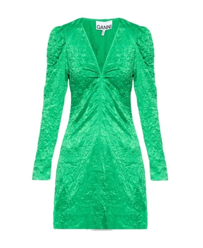 Ganni Crinkled-effect Dress In 767 Bright Green