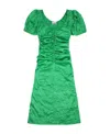 Ganni Short Sleeve Green Crinkled Satin Midi Dress In Green