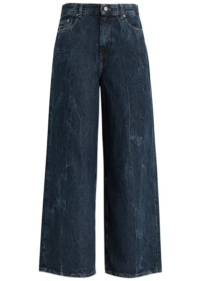 Ganni Crinkled-effect Wide-leg Jeans In Denim