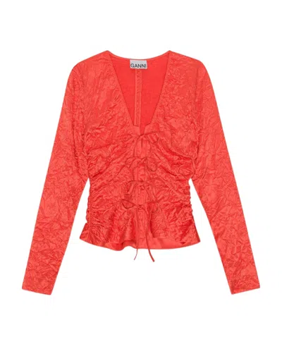 Ganni Crinkled-finish Ruched Top In Red