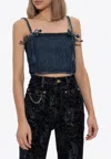 Ganni Crinkled Future Denim Strap Top Mid Blue Stone In Blue
