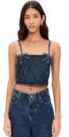 Ganni Crinkled Future Denim Strap Top Mid Blue Stone In Mid Blue Stone