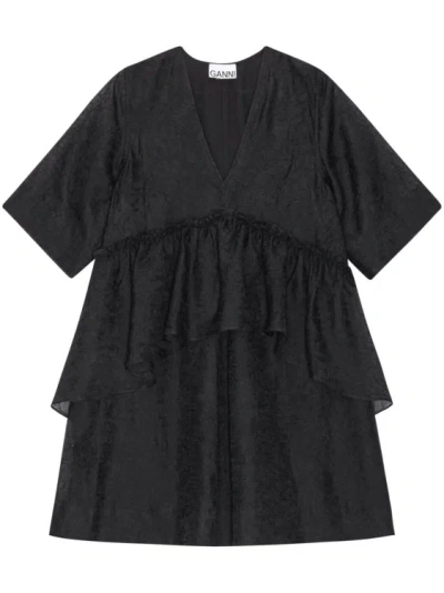 Ganni Crinkled Georgette Minidress In Black