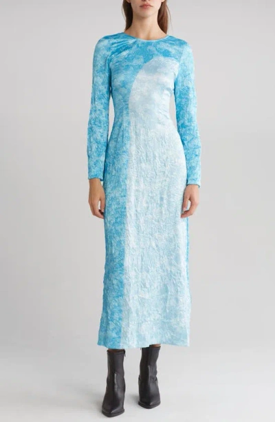 Ganni Crinkled Long Sleeve Satin Maxi Dress In Ethereal Blue
