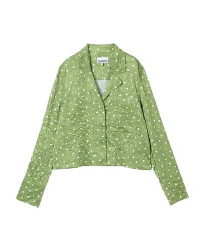 Ganni Crinkled Polka-dot Shirt In Green