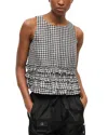 Ganni Crinkled Check Frill Top In Black