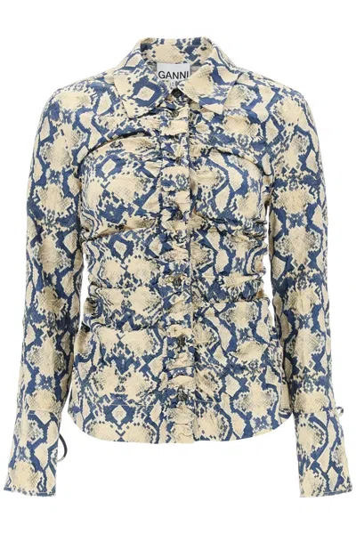 GANNI CRINKLED SATIN FITTED SHIRT PRINTED