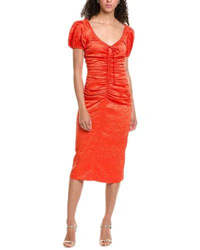 Ganni Short Sleeve Red Crinkled Satin Midi Dress In Grenadine