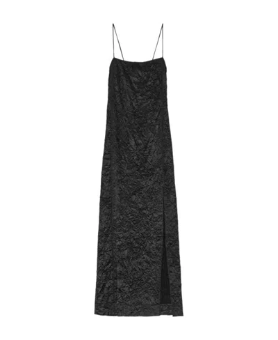 Ganni Black Crinkled Satin Midi Slip Dress
