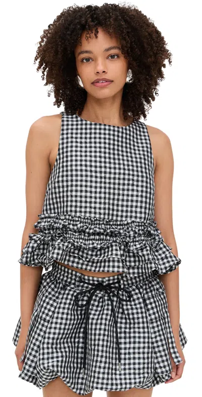 Ganni Crinkled Taffeta Check Frill Top Black In Gray