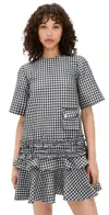 Ganni Black & White Crinkled Check Mini Dress