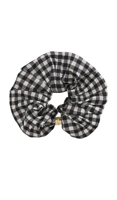 Ganni Crinkled Taffeta Check Scrunchie In Black