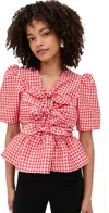 Ganni Red Crinkled Check Taffeta Blouse